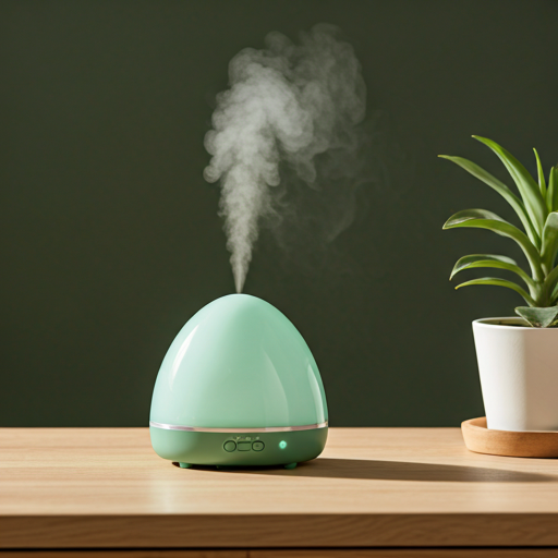Espacio de trabajo sereno con un humidificador emitiendo bruma suave