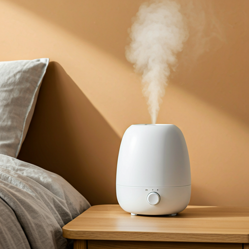 Humidificador emitiendo bruma fina en un dormitorio cálido